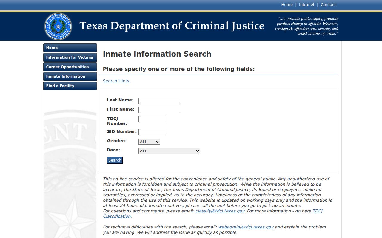 Liberty County arrest lookup TDCJ inmate search fields
